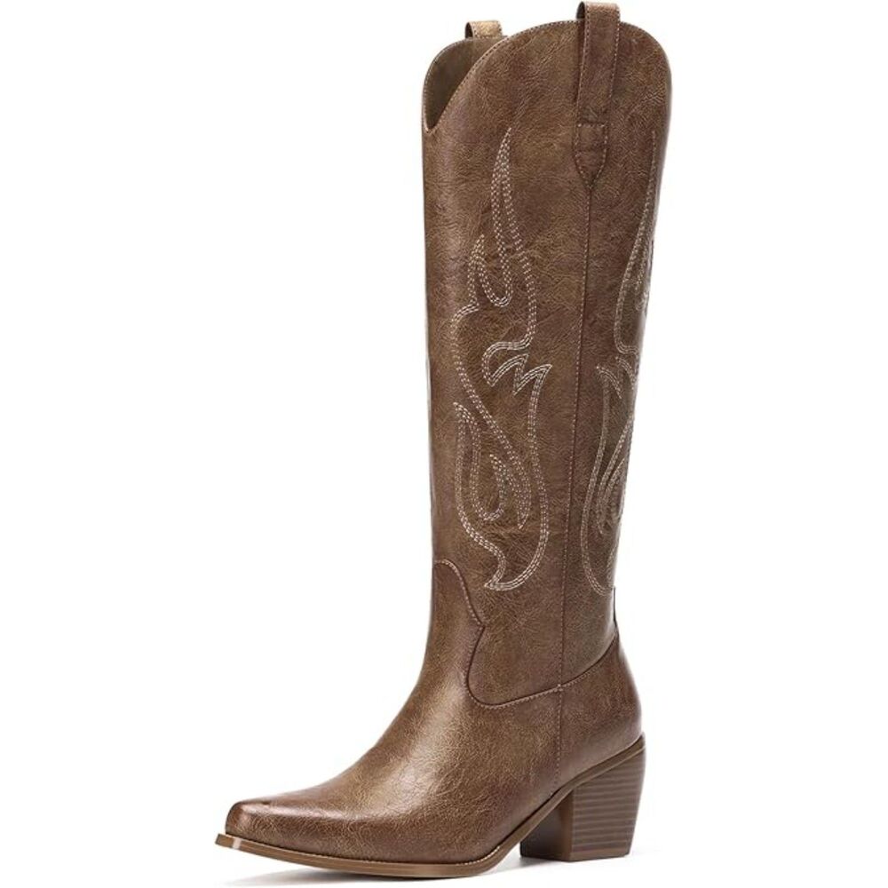 Women's Brown High Wide Calf Slip On Pointed Toe Chunky Heel Cowgirl Boots
